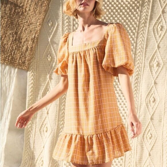 Marie Oliver gingham boho Kaylee Silk Orange mini dress shift cottagecore medium - Picture 2 of 5